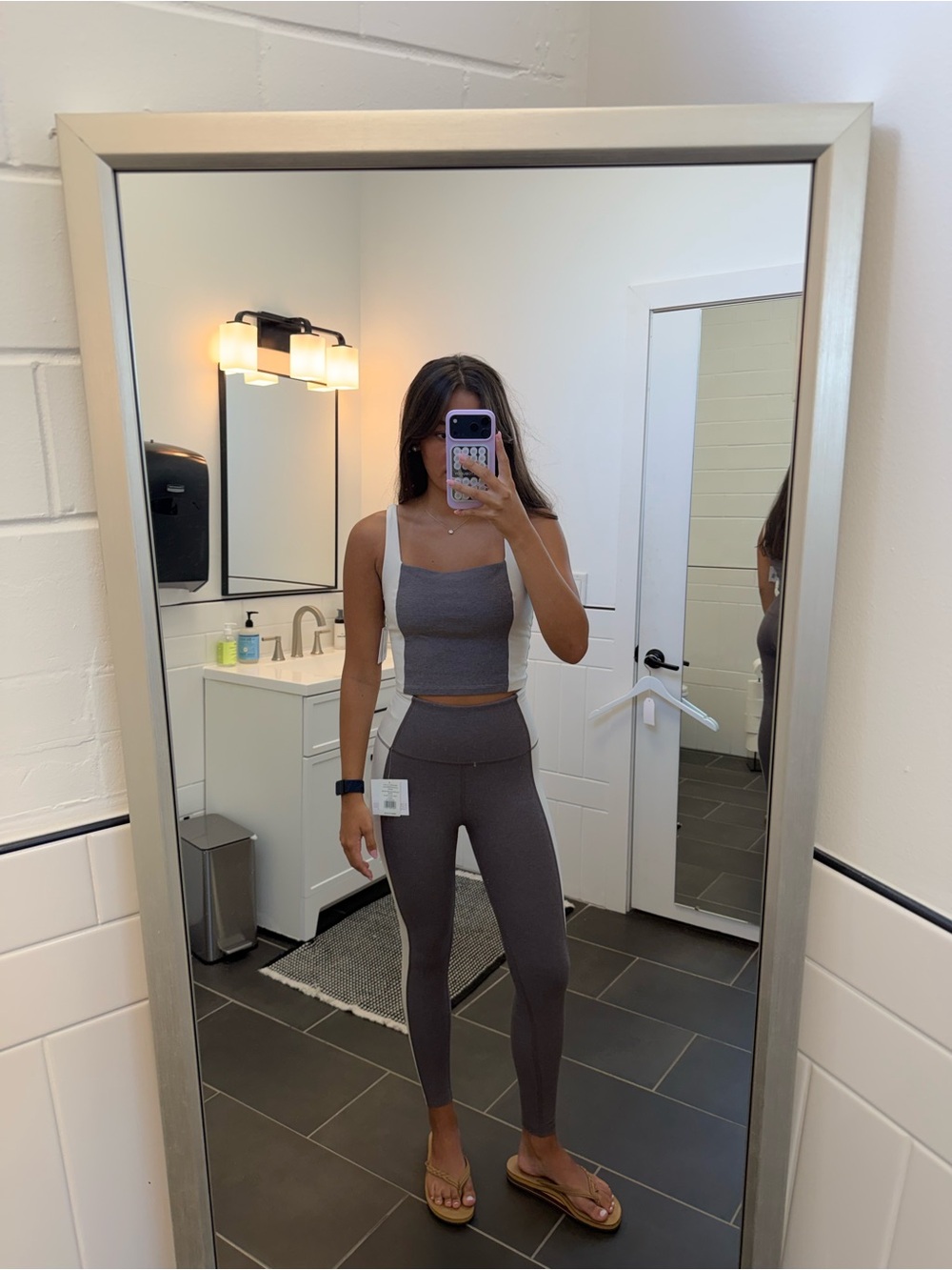 Beyond Yoga Cream and Gray Colorblock Cropped Tank Top - Picture 2 of 3